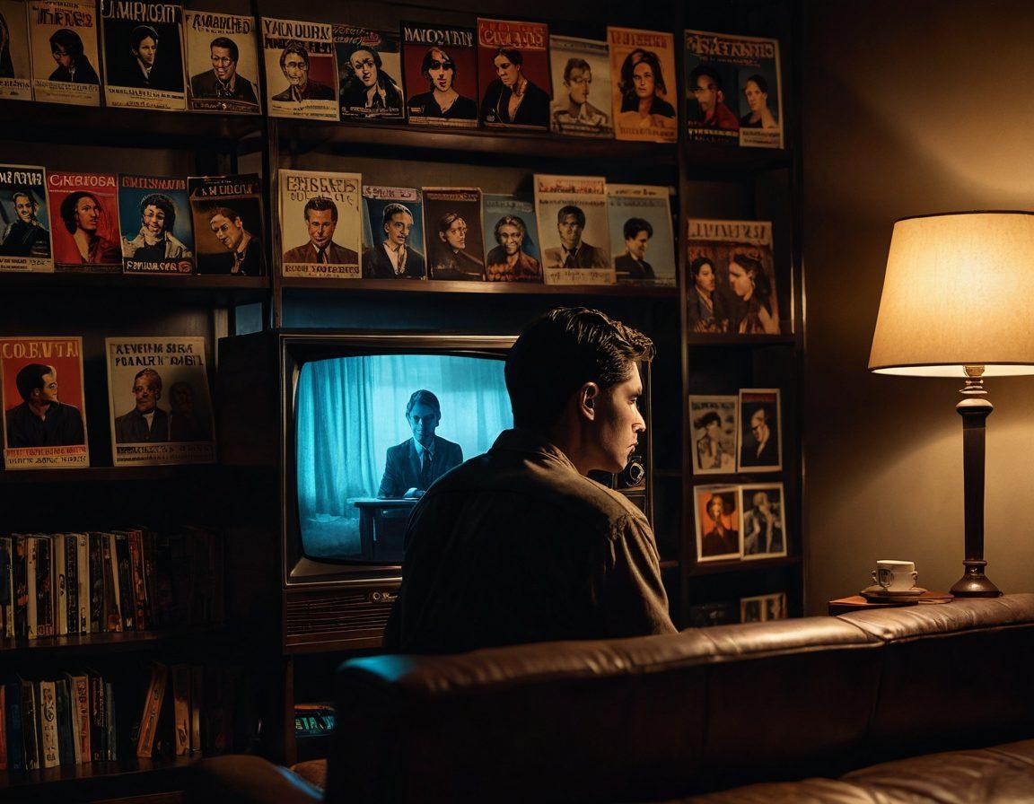 A split scene showing a person sitting alone in a dimly lit room, with emotional expressions on their face while watching a classic heartbreak scene from a film on a vintage TV. In the background, shelves filled with iconic movie posters depicting romantic and sad moments. Soft, warm lighting that conveys a sense of nostalgia and melancholy. Subtle tears streaming down the person's face as the glow from the screen highlights their emotional turmoil. cinematic style. moody colors. soft focus.