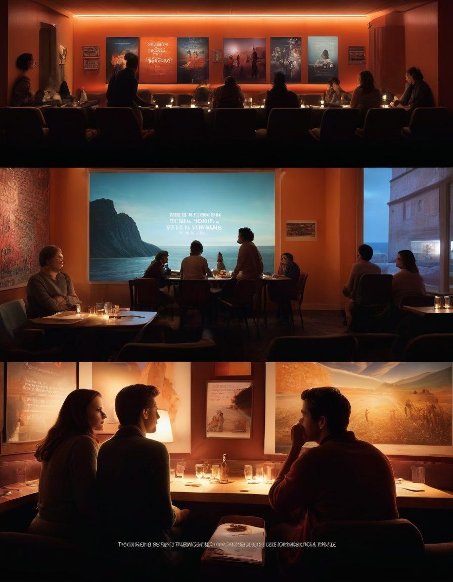 A poignant scene showcasing a group of diverse individuals gathered in a cozy, dimly-lit independent cinema, their faces reflecting a range of emotions from sadness to hope. The walls adorned with posters of heartfelt films, with soft light illuminating their expressions, creating an intimate atmosphere. In the foreground, a film reel gently unfurls, symbolizing the connection through storytelling in cinema. super-realistic. warm tones. cinematic lighting.