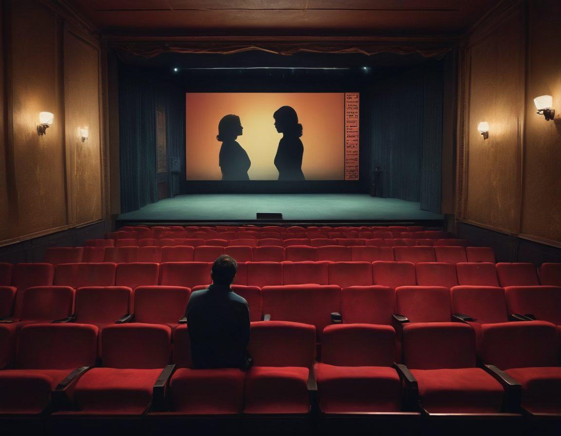 A cinematic scene showcasing a silhouette of a person sitting alone in a dimly lit theater, tears glistening in their eyes as they watch a poignant film. The walls adorned with classic movie posters depict heart-wrenching stories, while a soft, ethereal light gently illuminates the space, creating a melancholic atmosphere. Emotionally charged visuals resonate with subtle hints of sadness and nostalgia. super-realistic. vibrant colors. cinematic style.